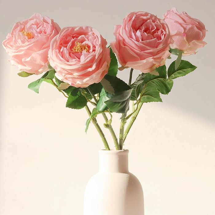 Pink Roses Artificial Flowers 4Pcs Fake Flowers Big Bloom Real Touch Rose Peony with Stems Vivid ... | Amazon (US)