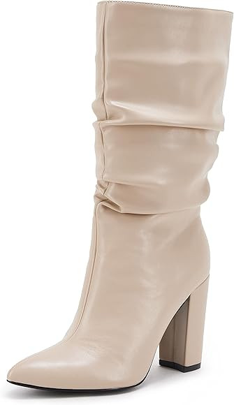 Syktkmx Womens Winter Slouchy High Heel Boots Mid Calf Suede Slip on Chunky Block Pointed Toe Boots | Amazon (US)