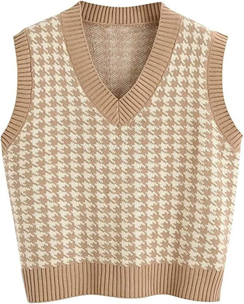 PuliPuqi Women's Houndstooth Sweater Vest Vintage V-Neck Pullover Sleeveless Knitwear Top Sweater... | Walmart (US)