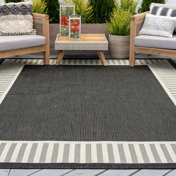 Transitional 5x8 Area Rug (5'3'' x 7'3'') Striped Border Black, Cream Indoor Outdoor Rectangle Ea... | Walmart (US)