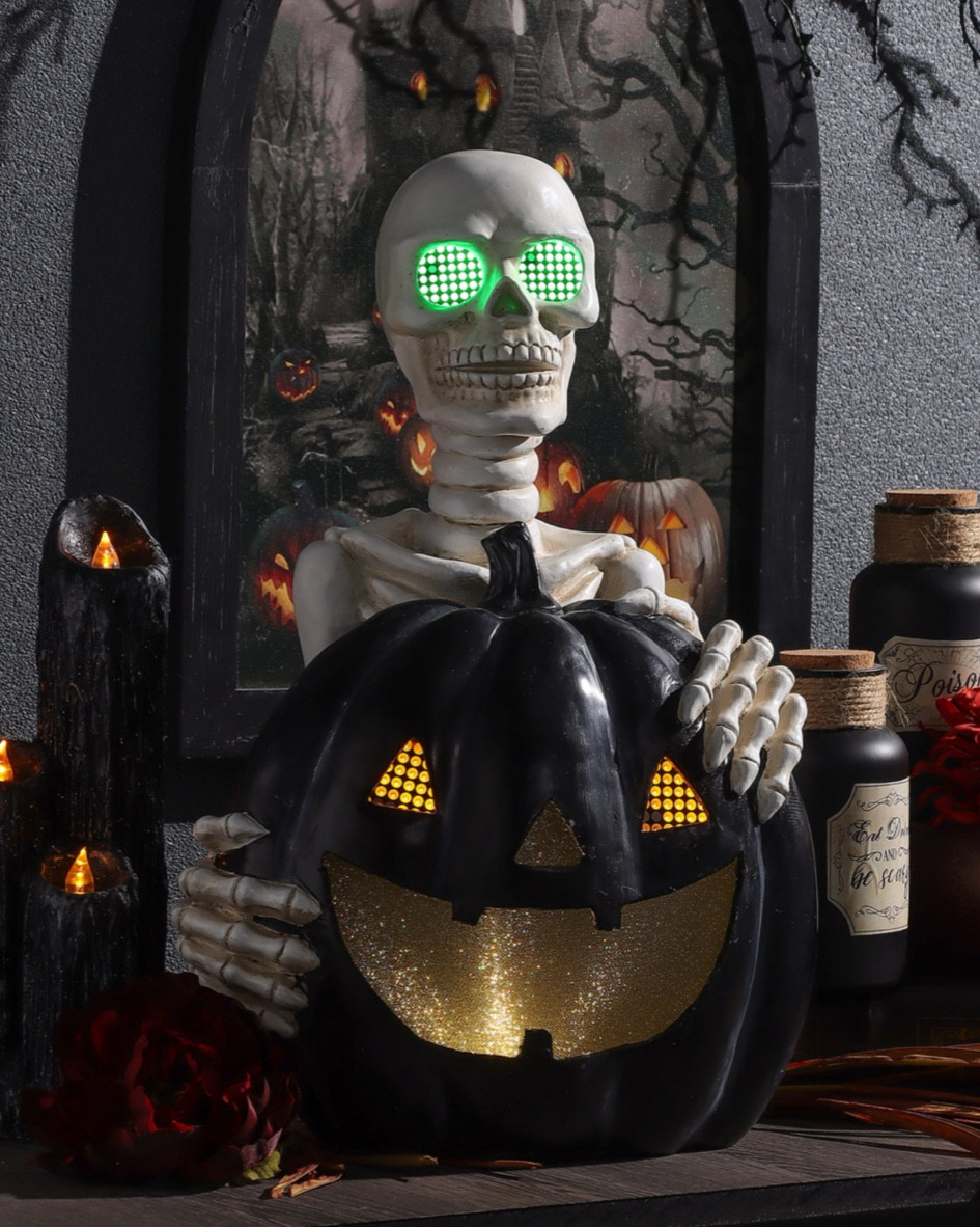 This pre-lit skeleton is almost 19” in height and is equipped with LCD screens for the skeleton eyes and  pumpkin. It’s ghoulish eyes wander around the room looking for someone to scare and will glow until the timer automatically shuts them off after running 6 hours on and 18 hours off.

#LTKHome #LTKFindsUnder50 #LTKSeasonal