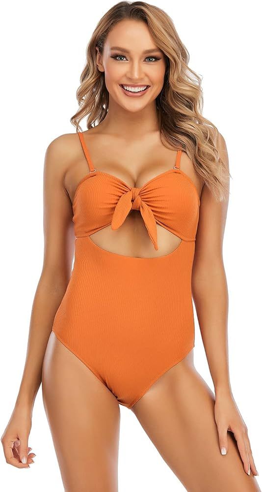 MUSTCOOL Summer Swimsuit for Women Solid Color One Piece Bikini Backless V Neck Bathing Suit Tumm... | Amazon (US)