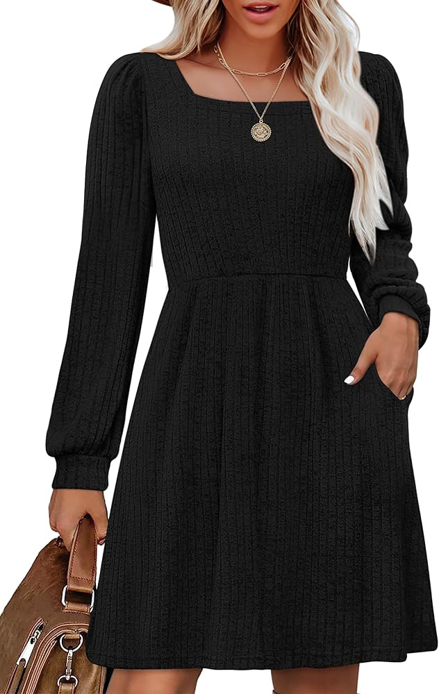 OFEEFAN Womens Knit Sweater Dress with Pockets Square Neck Long Sleeve Dresses | Amazon (US)