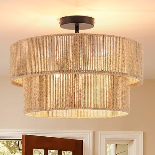 Boho Semi Flush Mount Ceiling Light Rattan Ceiling Light 18" Farmhouse Ceiling Lamp with Natural ... | Amazon (US)