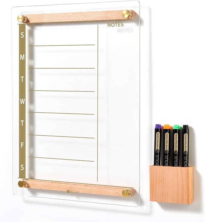 Clear Gold Glass Weekly Dry Erase Calendar Whiteboard with Wood Decoration for Wall, Menu & Meal ... | Amazon (US)