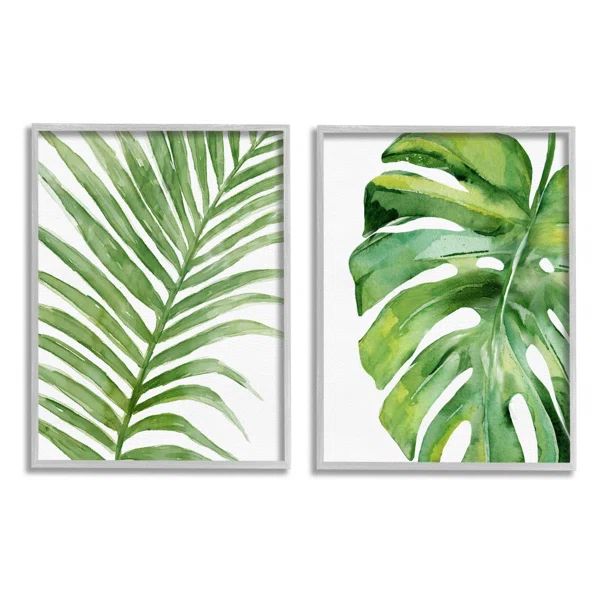 Tropical Green Palms Minimal White Background - 2 Piece Floater Frame Graphic Art Set on Canvas | Wayfair North America