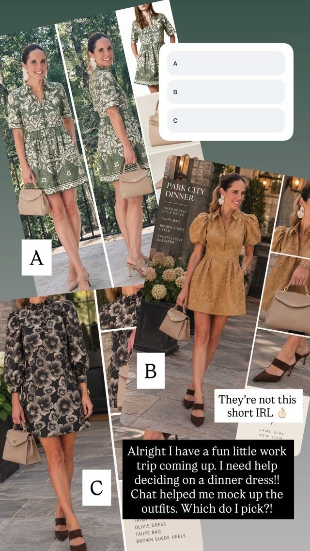 C Alright I have a fun little work trip coming up… I need help deciding on a dinner dress!! Chat helped me mock up the outfits. Which do I pick?! B A They’re not this short IRL 👌🏻