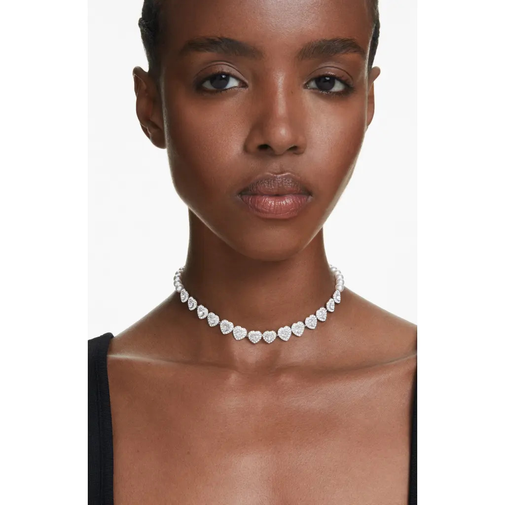 Swarovski x Ariana Grande Angelic Crystal Heart & Faux Pearl Choker Necklace in White/Silver at Nordstrom | Nordstrom