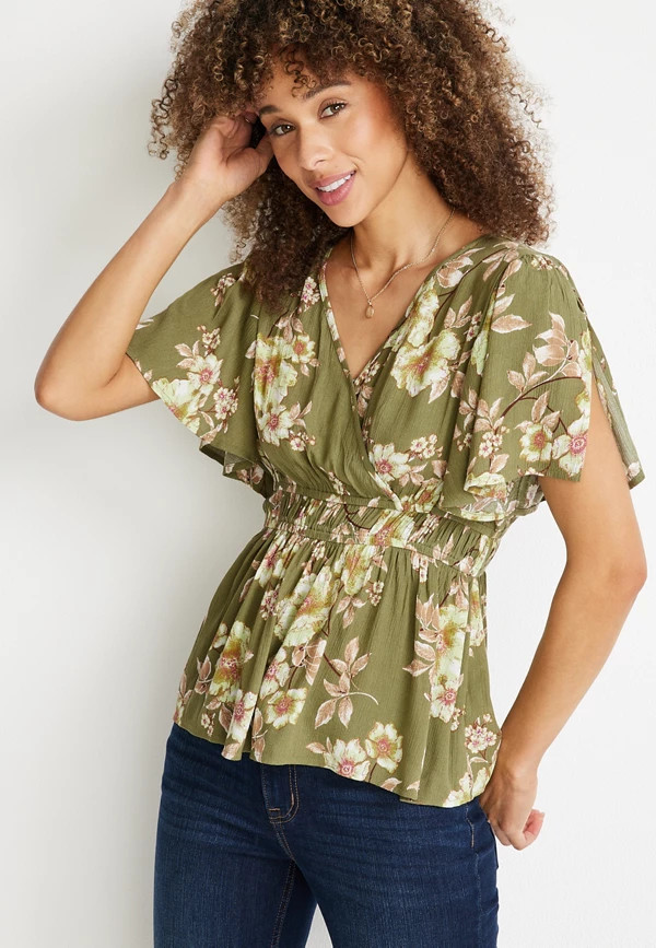 Floral Surplice Peplum Top | Maurices