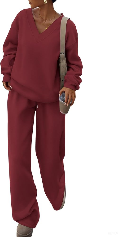 PRETTYGARDEN Casual Winter Two Piece Sets for Women 2026 V Neck Sweatshirt Loose Wide Leg Pants T... | Amazon (US)