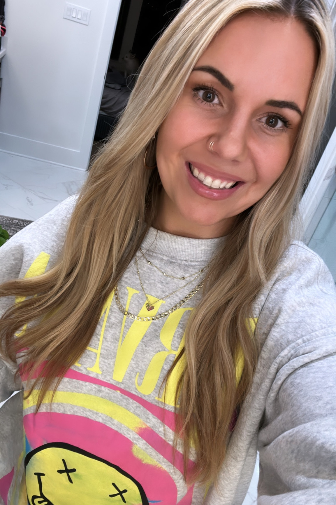 Gold 22 gauge 6mm double hoop nose ring. You might do the 7mm size because this was very tight and hard to get in. Size large in the Nirvana daydreamer sweatshirt from H&M. 

#LTKfit #LTKFind