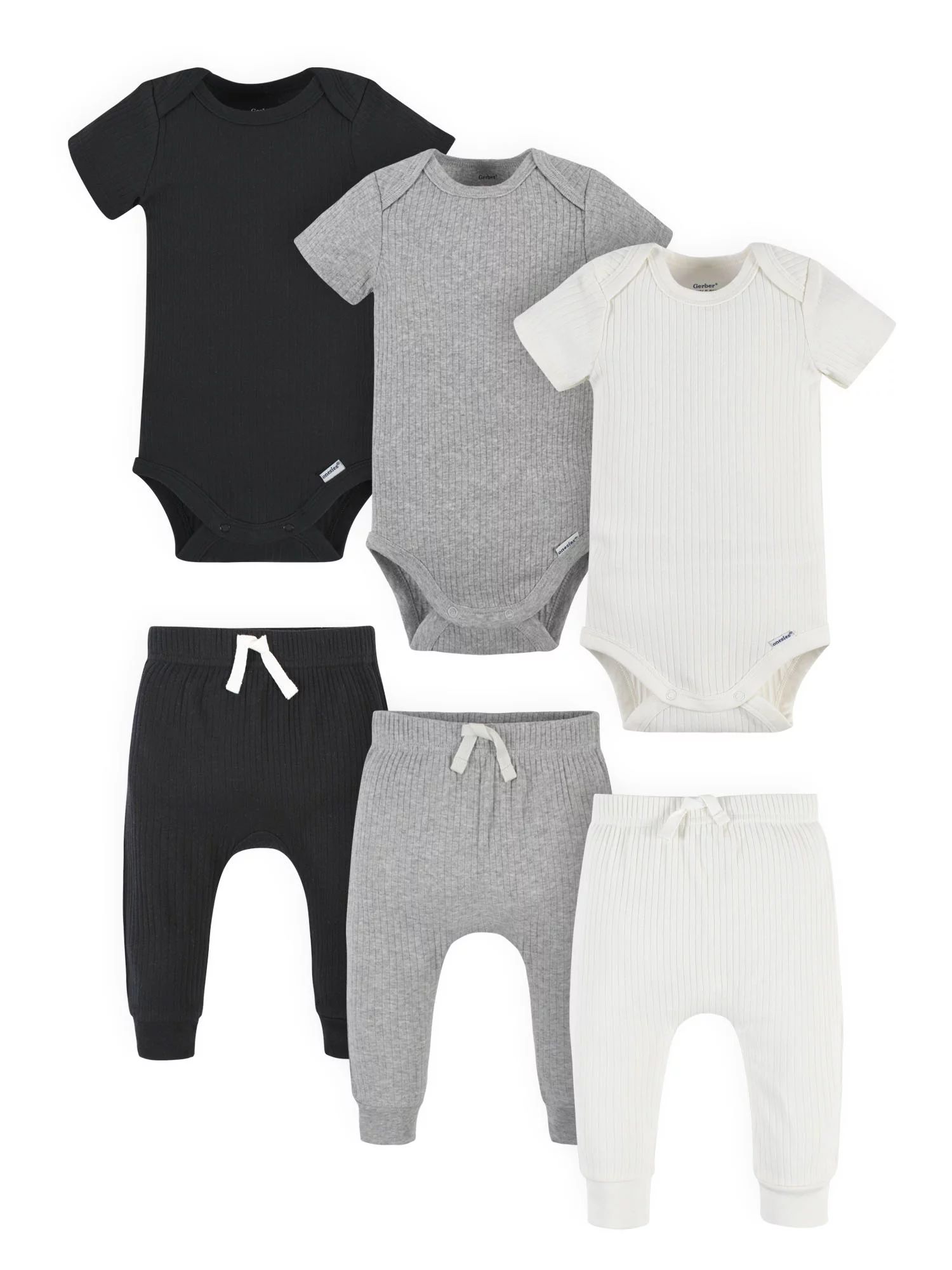 Modern Moments by Gerber Baby Boy Solid Drop Needle Bodysuits & Pants Set, 6-Piece (Newborn-12 Mo... | Walmart (US)