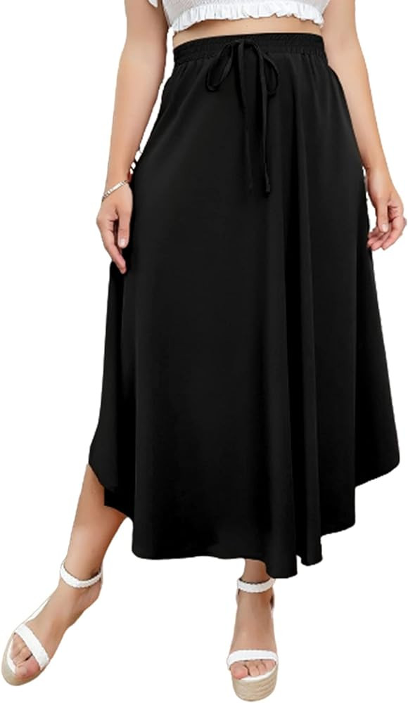 WDIRARA Women's Plus Size High Waist Flared Tie Front Casual Swing Skirt Maxi Draped Skirt for Wo... | Amazon (US)