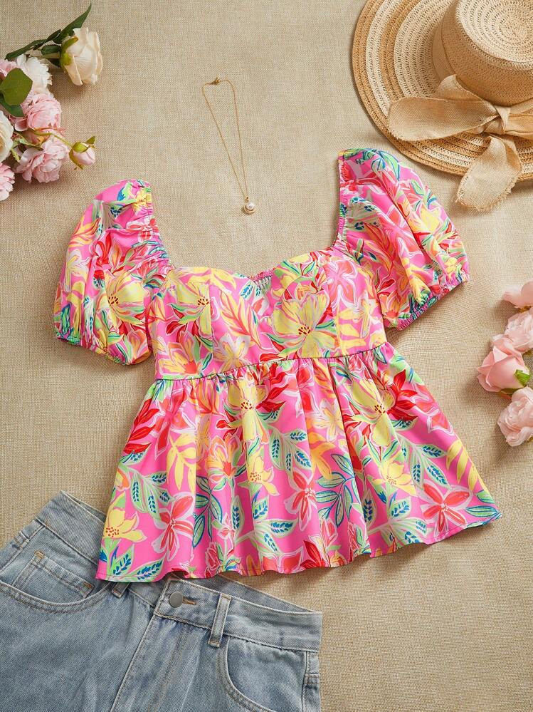 SHEIN VCAY Plus size Floral Sweetheart Top | SHEIN