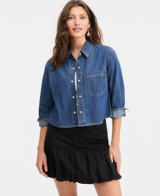 Women's Long Sleeve Cropped Denim Shirt | Macy's