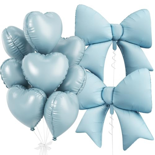 Baby Blue Heart Balloons, Foil Bow Balloons, 10Pcs 18 Inch Heart Shaped Balloon and 38 Inch Helium Light Blue Bow Foil Balloon for Girls Boys Birthday Valentines Baby Shower Bridal Wedding Decor | Amazon (US)