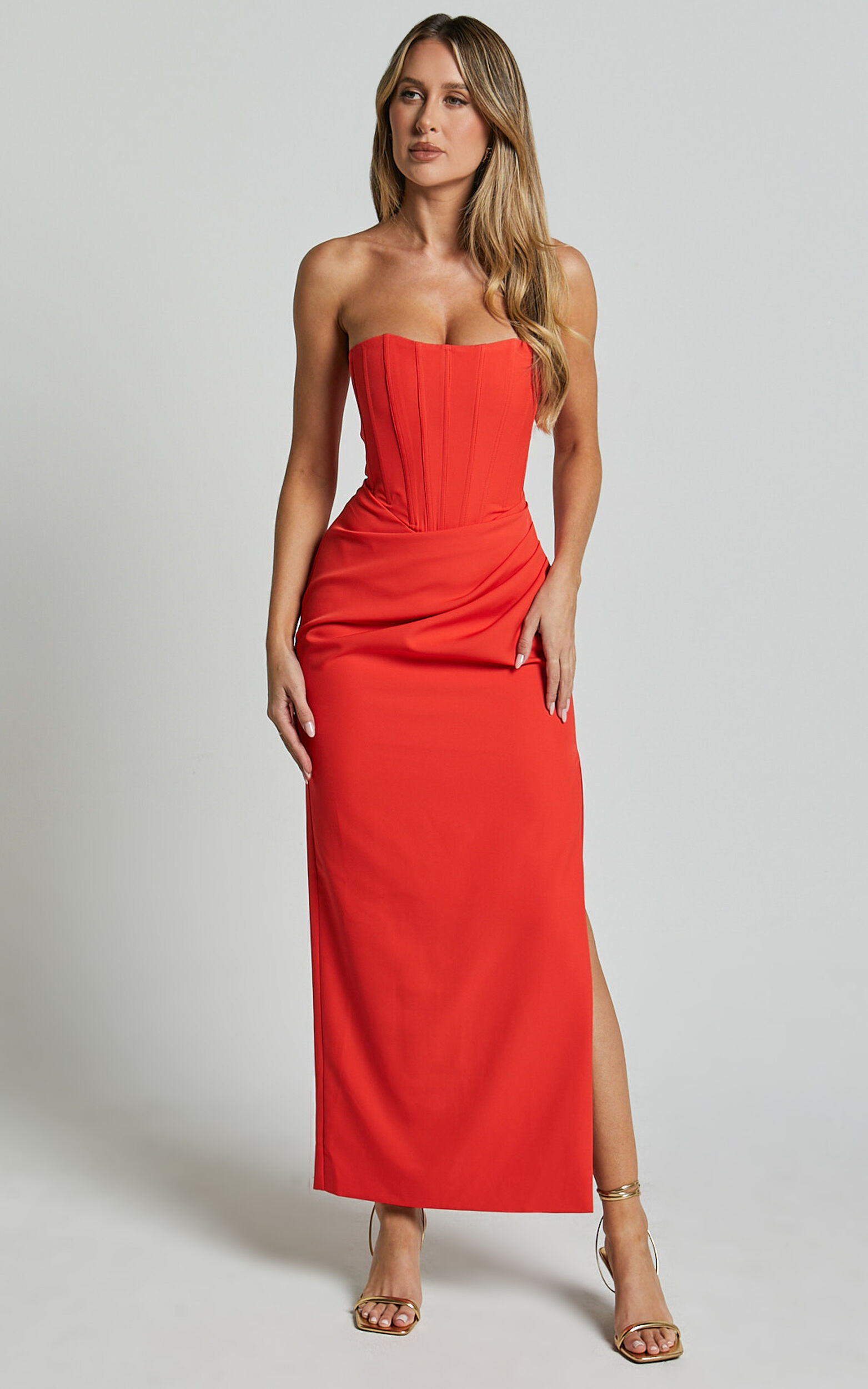 Avery Midi Dress - Strapless Draped Side Split Dress in Orange | Showpo (US, UK & Europe)
