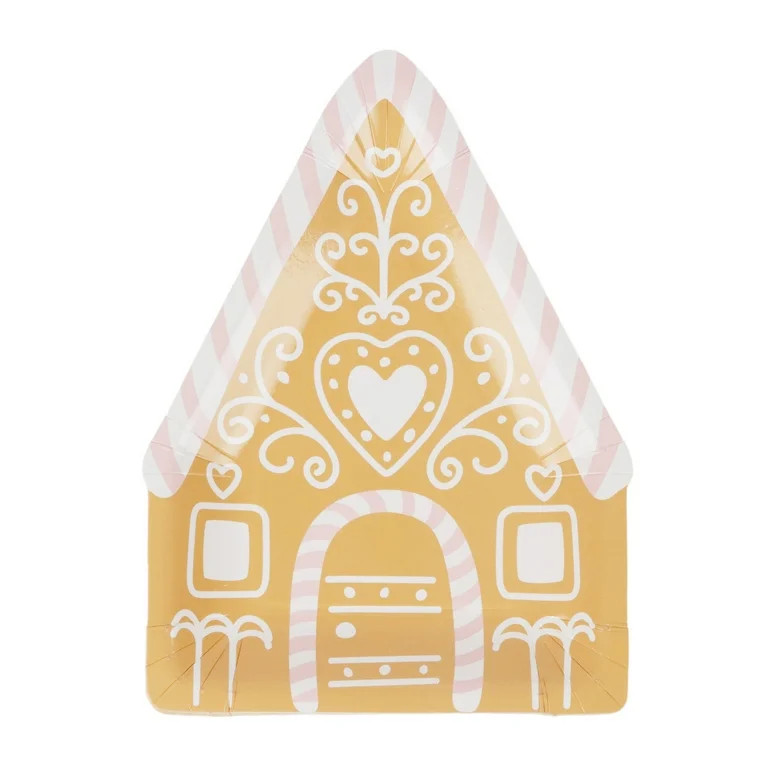 Holiday Time Paper Plates, 8 Count, Christmas, Gingerbread House Shaped, Light Brown, Pink and Wh... | Walmart (US)