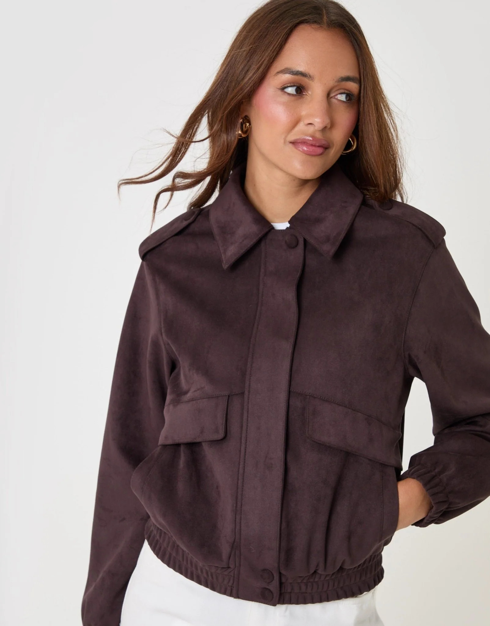 Threadbare Faux Suede Collared Bomber Jacket in Chocolate Brown | Threadbare UK