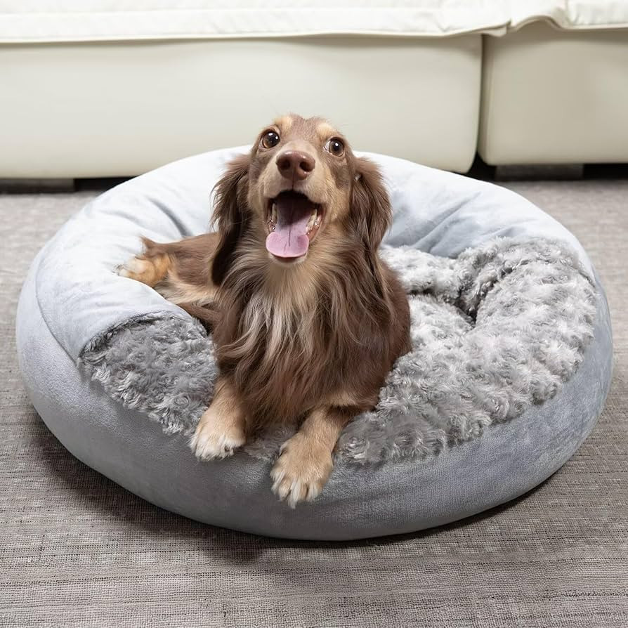 Cave Dog Bed with Blanket Easy to Assemble Donut Round Plush Cozy Cat Pet Bed for Puppy Machine W... | Amazon (US)