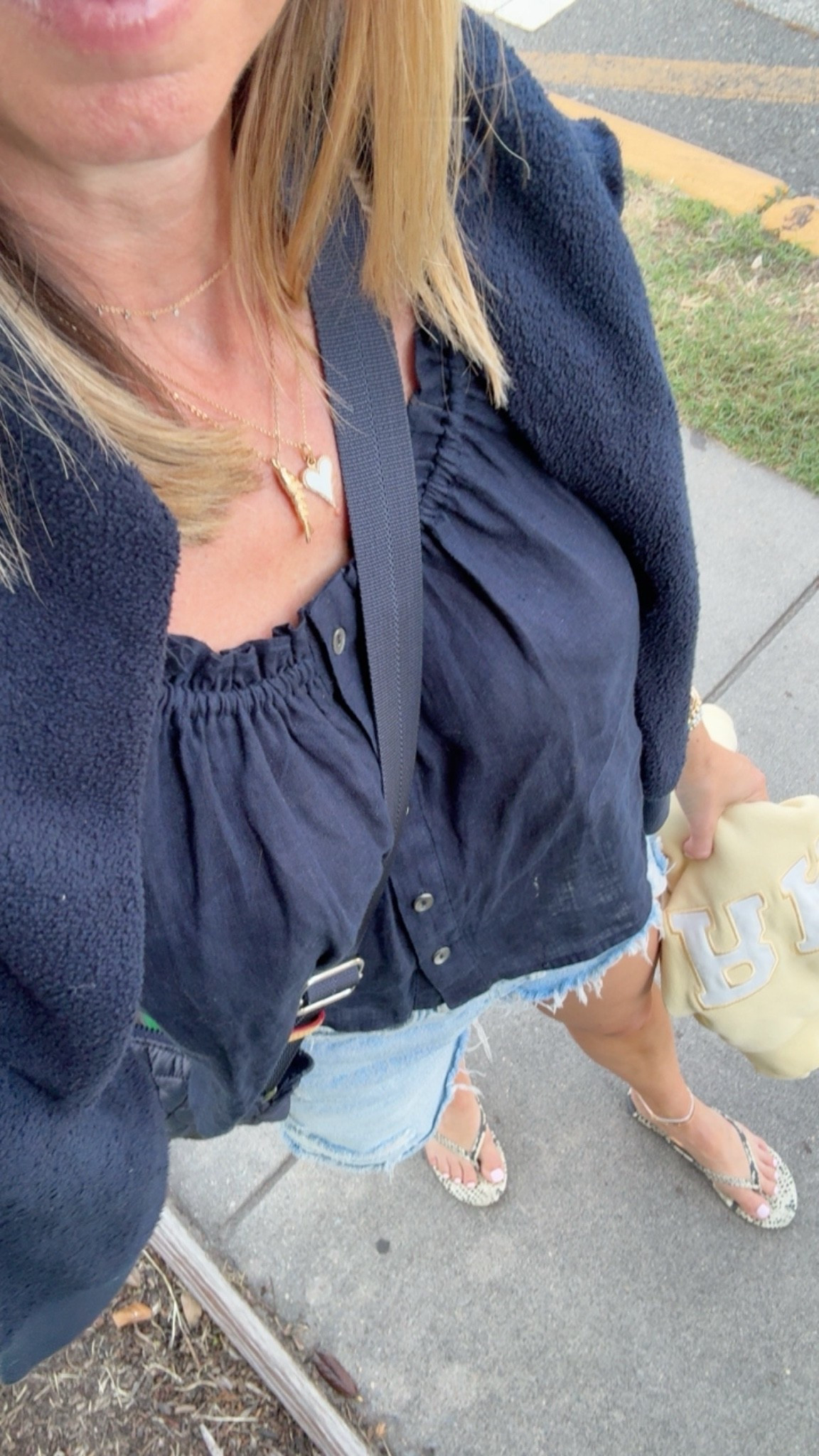 Outfit for shopping dinner and a little Funland - linen tank, Ziggy to keep warm, crossbody bag, jean shorts and my tkees

#LTKootd