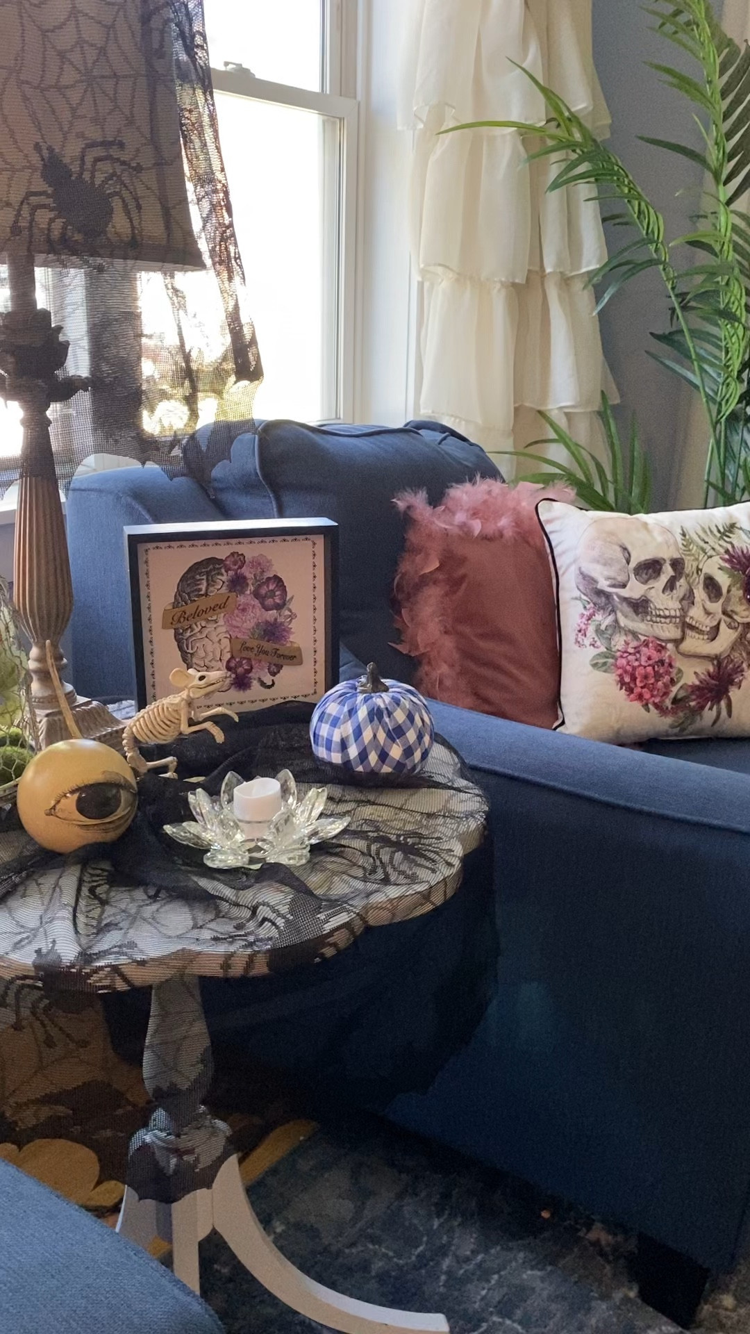 To create a new 2023 Halloween look in your living room with a dash of dark romance, you might consider incorporating some of these elements:

	1. “Beloved Love You Forever” Halloween tabletop art decor: A touching reminder of your cherished love for your husband. A touch of dark romance.
	2. Skeleton Couple Throw Pillow: Spookily romantic with lovely beading. Perfect Halloween decor for your living room.
	3.Shabby chic French Country artichoke lamp: Originally bought for my office but now adored in your living room. Elegant, charming, and beautifully designed.
	4. Cobweb black lace ribbon trim lampshade cover: A spooky statement piece with an irresistible 57% off discount. Perfect for Halloween.
	5. Eye Orb Accent: Light brown with a black eye, pairs wonderfully with my floral arrangement & skeleton mouse. Elevates Halloween decor.
	6. Ruffle Window Curtains: Transformed my living room with these chic curtains featuring elegant ruffles and easy installation. Added a layer of interlining from Joann’s.
	7. Mesh Candle Holder
	8. Blue Buffalo Check Mini Pumpkins

Feel free to ask if you have any questions or need more information about these items!

Now, if you’d like to read the reviews I wrote for each item, click the item and the review will be on the pop-up. 

.
.
.
.
.
.
.
.
#ltkstyletip #ltksalealert #ltkshoecrush #ltkfashion #ltkfamily #ltkbeauty #ltkitbag #ltkseasonal #ltkkids #ltktravel #ltkfit #ltkbump #ltkswim #ltkworkwear #ltkholiday #ltkfind #ltkfindsunder50 #ltkfindsunder100 #ltkgiftguide #ltkhalloween #ltkplussize #ltkvideo #ltkover40 #ltkxprime #ltkcon #ltkparties #julieannrachelle

#LTKVideo #LTKsalealert #LTKHalloween