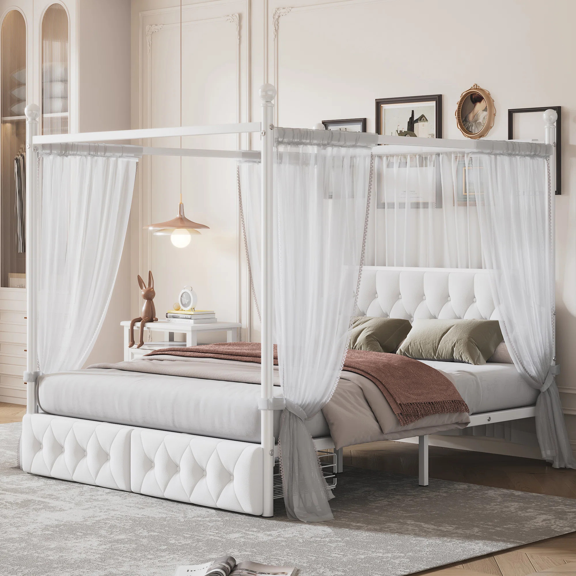 Queen Size Metal Canopy Platform bed With Upholstered Headboard And Two Storage Drawers | Wayfair North America