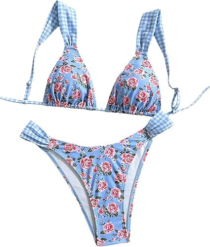 MAKEMECHIC Women's Floral Bikini Set Plaid Triangle High Cut 2 Piece Bathing Suit | Amazon (US)