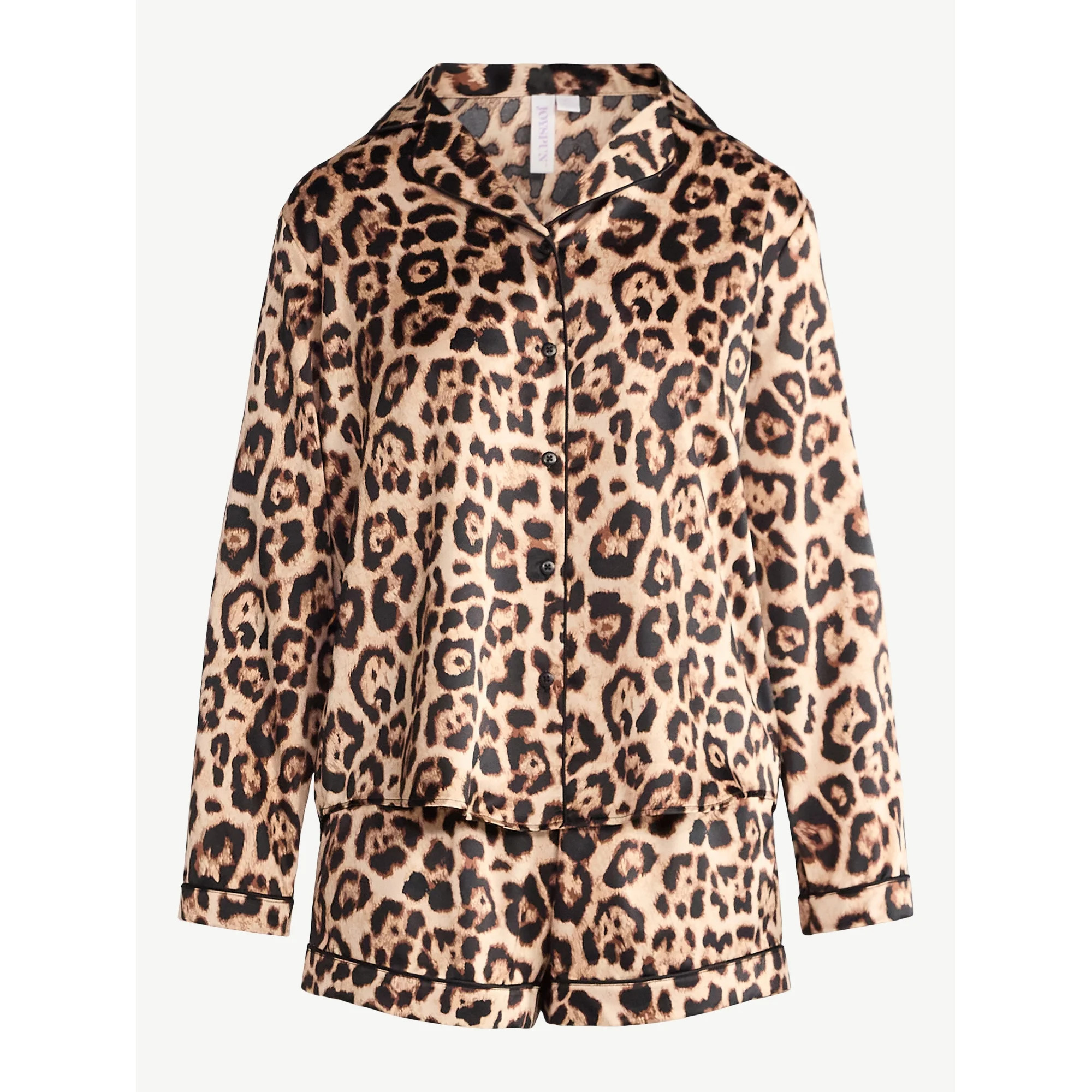 Joyspun Women’s Stretch Satin Notch Long Sleeve Top and Shorts Pajama Set, 2-Piece, Sizes XS-3X | Walmart (US)