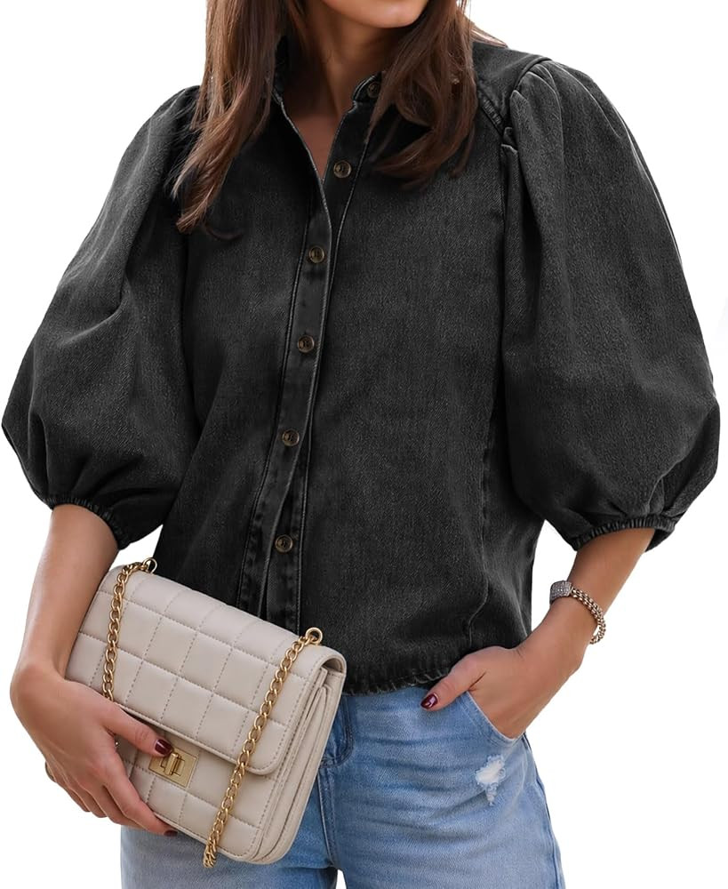 Flowyair Womens Denim Shirt Puff Short Sleeve Button Down Jean Jackets | Amazon (US)