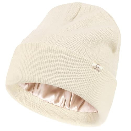 Satin Lined Beanie for Women Men Winter Silk Lined Hat Warm Knit Cuffed Beanies Hat Thickened Slouchy Skull Cap (US, Alpha, One Size, Beige) | Amazon (US)