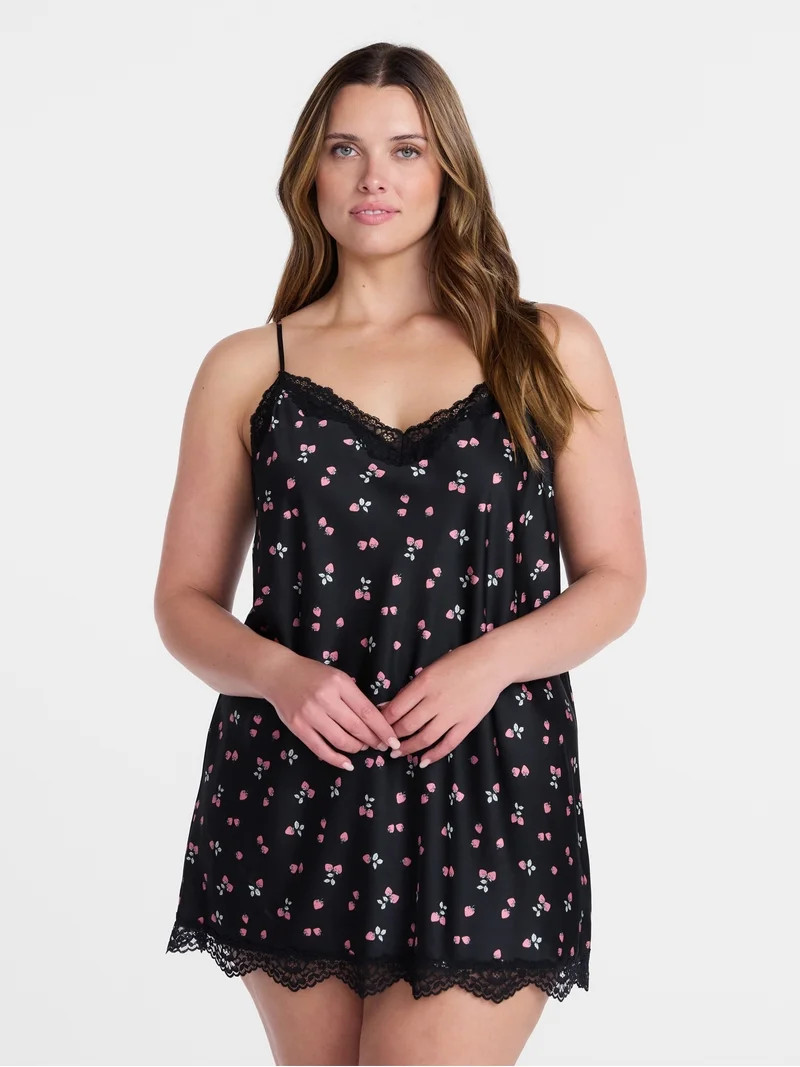 Joyspun Women's Lace Trim Stretch Satin Chemise, Sizes S-3X | Walmart (US)