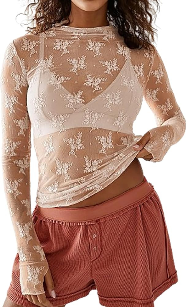 Women Sexy Lace Layering Tops Sheer Mesh Shirts Long Sleeve See Through Crop Top | Amazon (US)