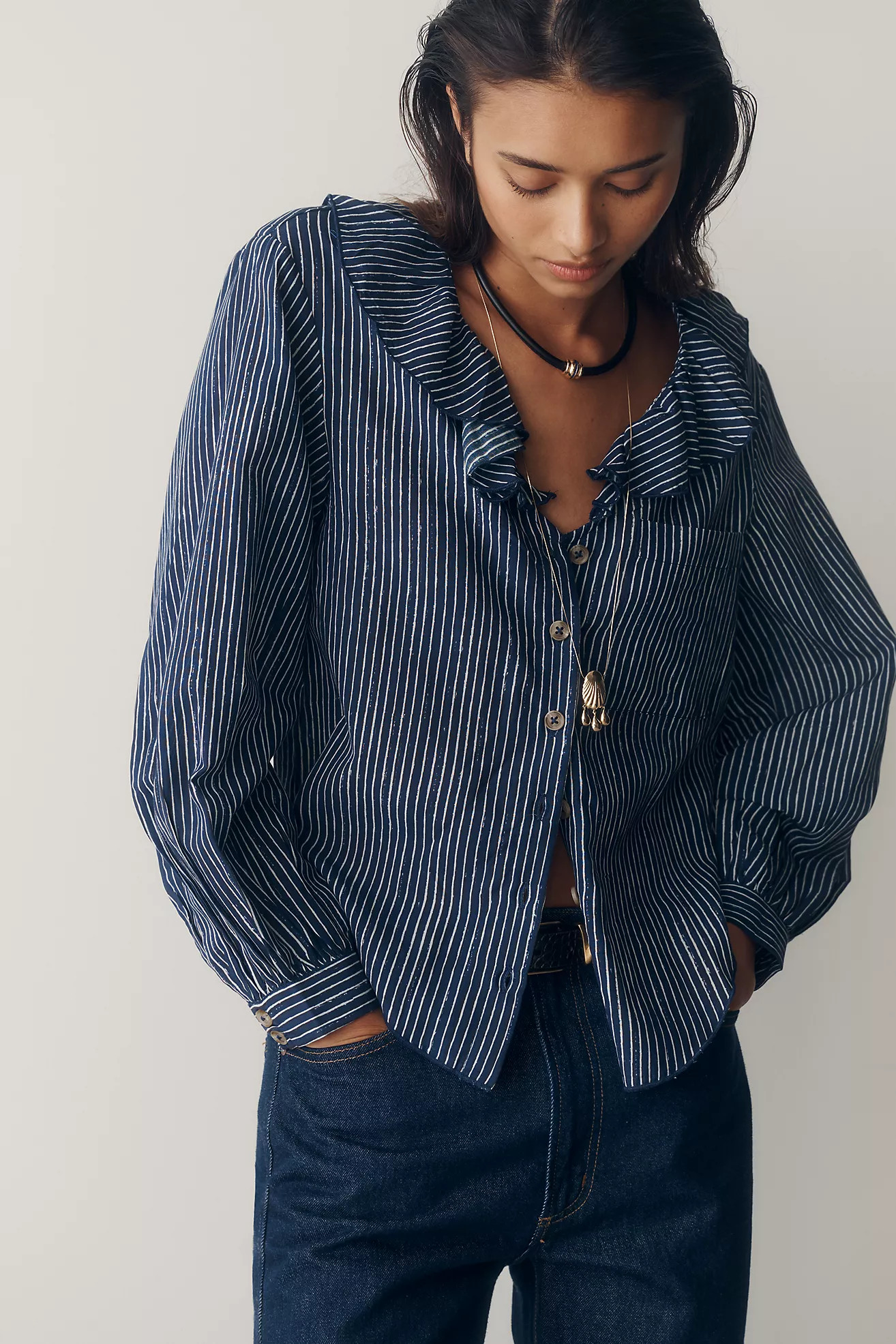 Pilcro Remy Shrunken Ruffle Collar Buttondown Shirt | Anthropologie (US)