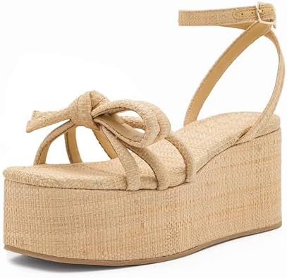 Raffia Platform Sandals for Women,Bow Ankle Strappy Espadrille Wedges Sandals Comfortable Square ... | Amazon (US)