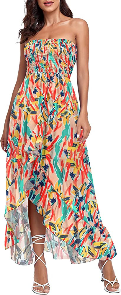 CHICGAL Women's Strapless Maxi Dresses for Summer Vacation Sundress Ruffle Long Beach Cover Ups | Amazon (US)