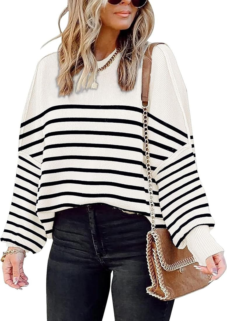 Womens Oversize Knit Striped Sweater Crewneck Long Sleeve Side Slit Batwing Ribbed Pullover Sweat... | Amazon (US)