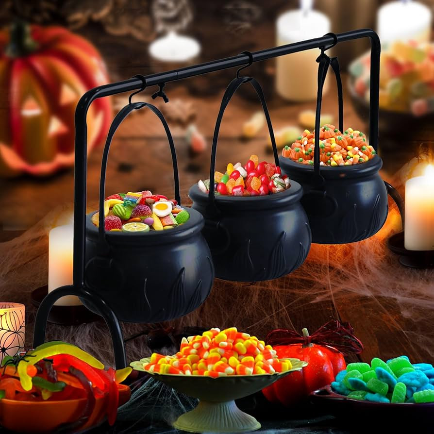 3pcs Black Plastic Witches Cauldron Serving Bowls on Rack, Halloween Party Decotations, Halloween De | Amazon (US)
