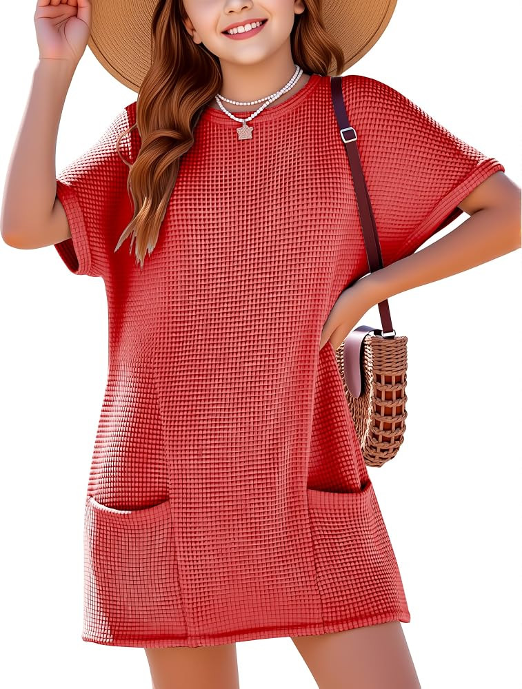 Girls Waffle Knit Swimsuit Coverup Fashion Crewneck Short Sleeve Beach Bathing Suit Dress with Po... | Amazon (US)
