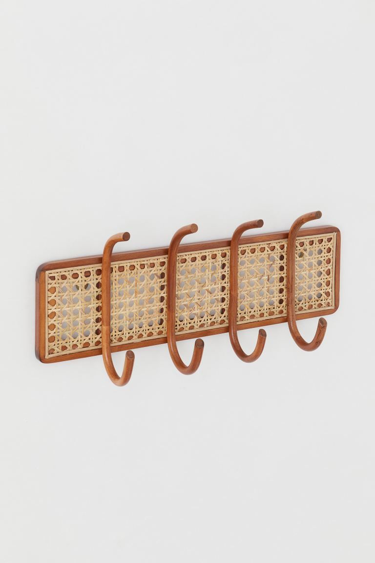 Rattan hanging rack with a wooden frame, four wooden hooks and two holes for hanging. Screws not ... | H&M (UK, MY, IN, SG, PH, TW, HK)