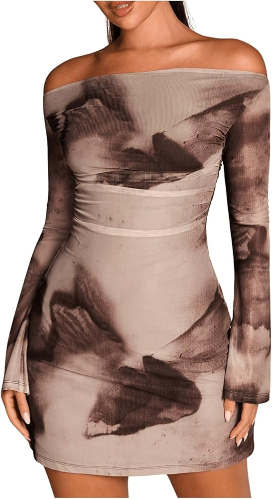GORGLITTER Women's Off The Shoulder Bodycon Dress Fall Tie Dye Mesh Ruched Long Sleeve Party Club... | Amazon (US)