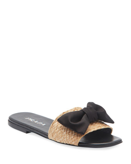 Prada Raffia Bow Flat Slide Sandals | Neiman Marcus