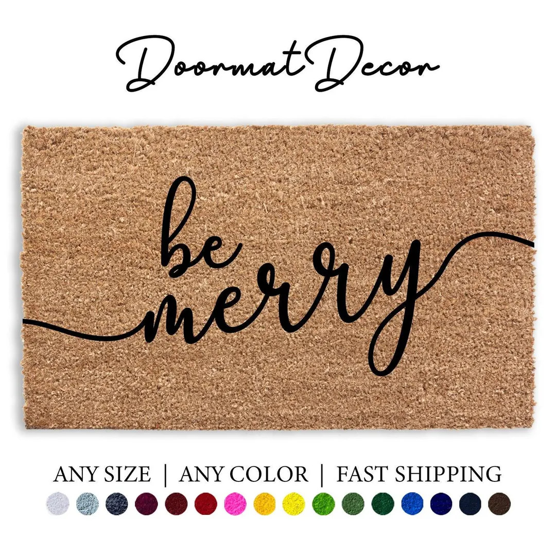 Be Merry Doormat, Christmas Holiday Decor Door Mat, Flocked Coir Welcome Mat, Outdoor Entryway Fr... | Etsy (US)