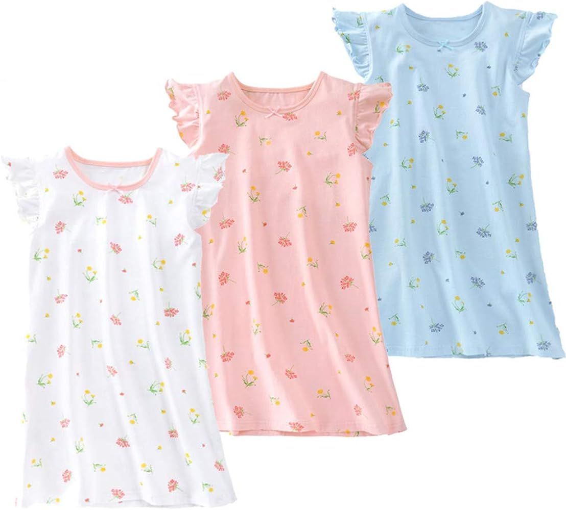 Girls Nightgown, Soft Cotton Flutter Short Sleeve Floral Print Nightgowns for Girl 3-14 Years | Amazon (US)