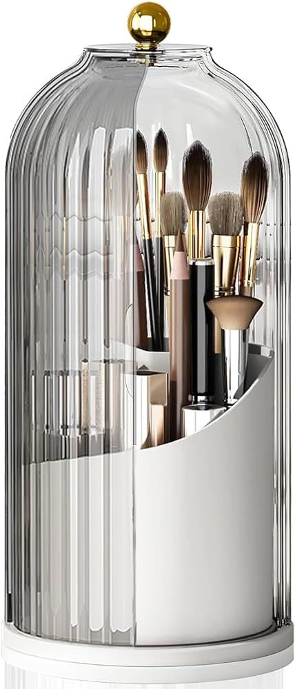 Makeup Brush Holder, 360° Rotation Make up Brush Storage Organizer with Black Clear Dustproof Lid for Bathroom Countertop Bedroom Vanity | Amazon (US)