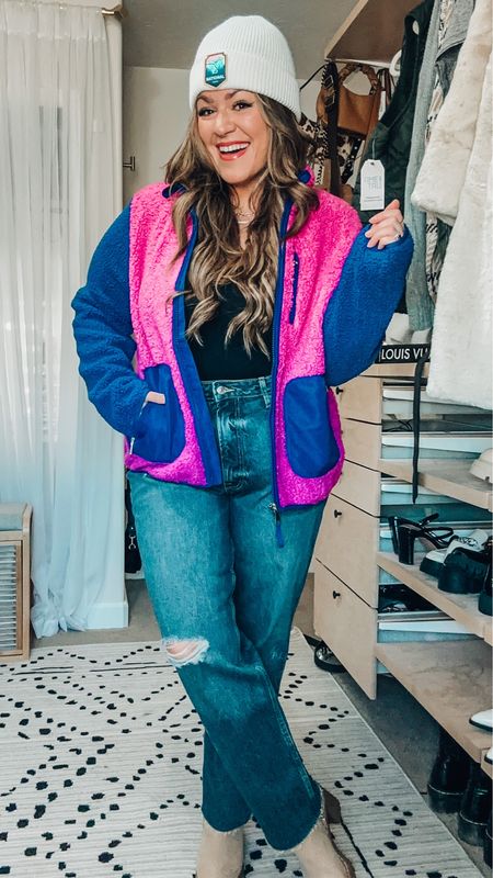 Walmart fashion midsize  fall outfit Sherpa fleece jacket xl (lord of colors), straight leg 90’s jeans- structured denim so size up one wearing a size 16 
Beige chunky Chelsea boots tts 
Beanie 

#LTKsalealert #LTKcurves #LTKSeasonal