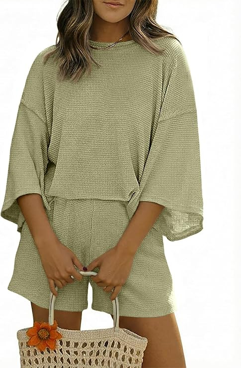 Tankaneo Womens 3/4 Sleeve 2 Piece Outfit Waffle Tops Short Sets Elastic | Amazon (US)