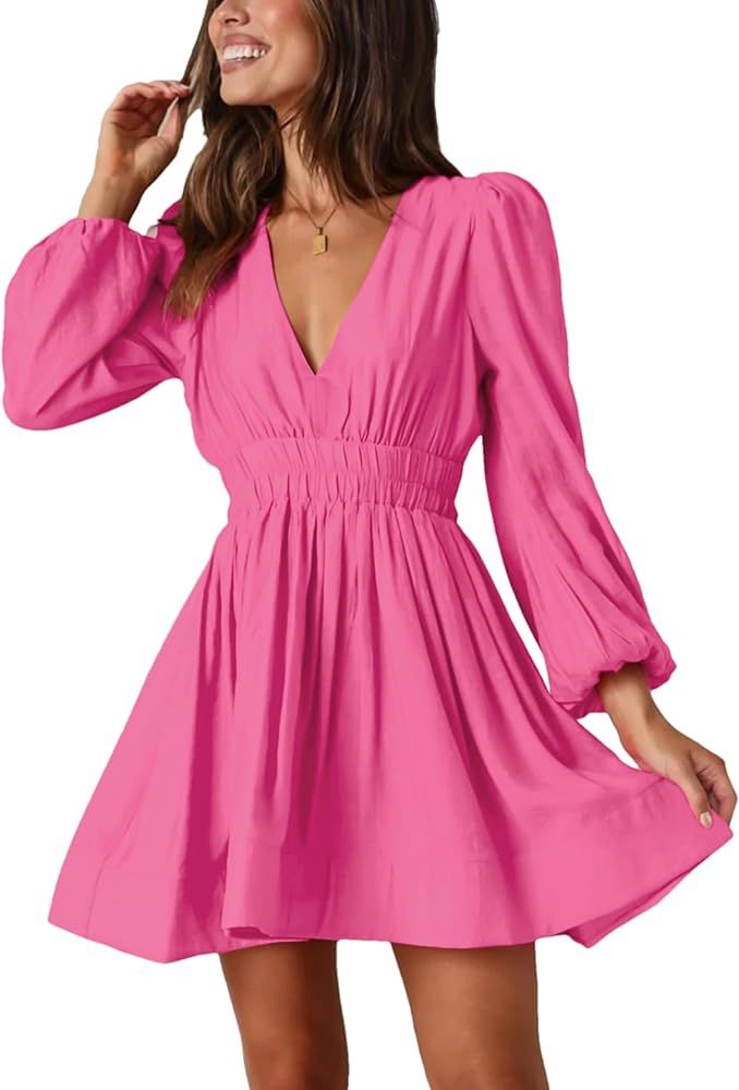 HangNiFang Womens Mini Summer Dresses Deep V Neck Long Puff Sleeve Swing Sundress | Amazon (US)