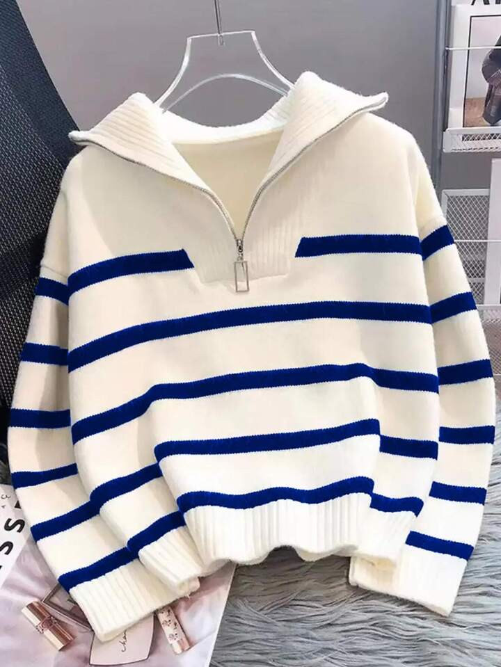 Women's New Arrival Striped Pullover Sweater, Fashionable High-Quality Simple Zip-Up Warm Knit Top For Autumn And Winter | SHEIN
