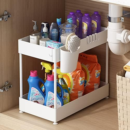 Under Sink Organizer, Under Bathroom Cabinet Storage 2 Tier Under Sink Storage Rack with 6 Hooks,... | Amazon (US)